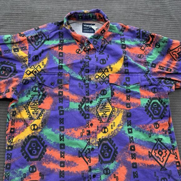 Vintage Wrangler Shirt Men 17 1/2-35 Multicolor Aztec Cowboy Cut X-Long Tails. - Picture 8 of 8